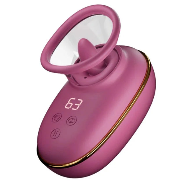 Rosa silikon brustpumpe mit goldverzierung und digitalanzeige für automatische klitorisstimulation von she.e.o