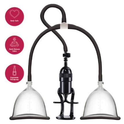 Schwarze doppelköpfige vakuumpumpe mit klaren gläsern und ergonomischer handpumpe von she.e.o brustvakuumpumpe m/l