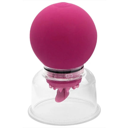 Eine pinke silikon-saugglocke mit transparentem kunststoffsockel und kleinem spitz für die brustwarzen- und klitorispumpe she.e.o mit vibration und rotation