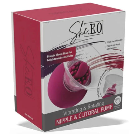 She.e.o brustwarzen- und klitorispumpe mit vibration und rotation in transparentem material für intime anwendung