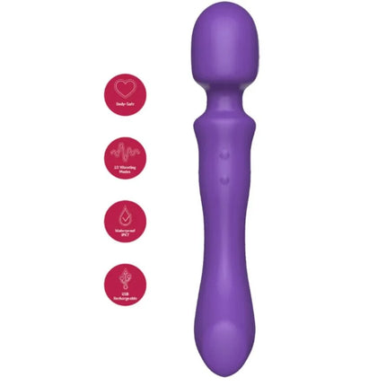Lila silikon varita masajeadora vibradora doppelseitiger vibrations-massagerstab mit rundem kopf und ergonomischem griff