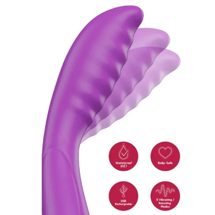 Lila g-punkt-vibrator von she.e.o aus lila silikon mit gebogenem, segmentiertem design und drei gerippten prongs für g-spot tapping