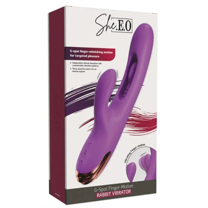 Lila rabbit-vibrator she.e.o mit finger motion und fingerähnliche g-punkt-bewegungen, rosegoldener basis und strukturierter griff