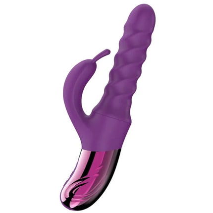 Lila silikon rabbit-vibrator she.e.o mit swirl-bewegung und glänzendem pink-schwarzem metallfuß für äußere stimulation