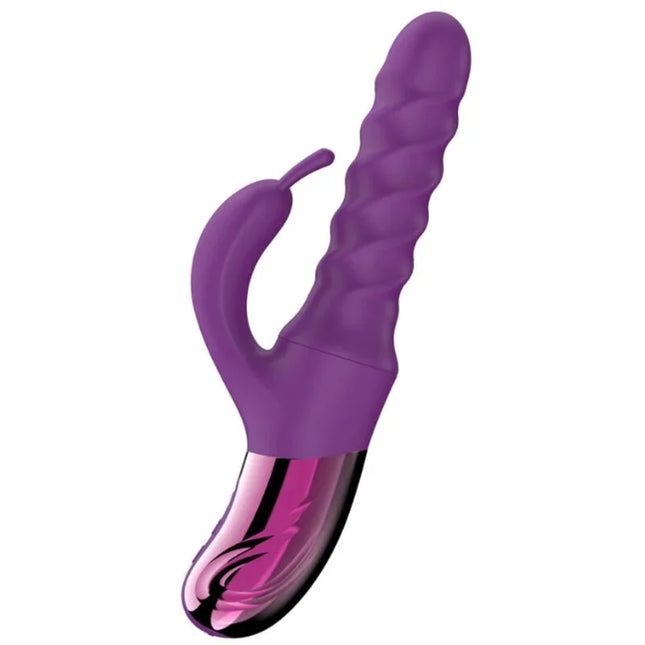 Lila silikon rabbit-vibrator she.e.o mit swirl-bewegung und glänzendem pink-schwarzem metallfuß für äußere stimulation