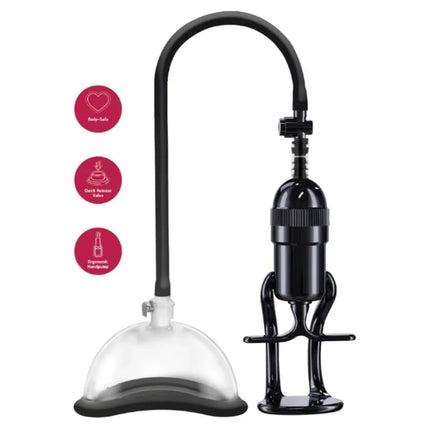 Schwarze und transparente vaginale vakuumpumpe von SHE.E.O mit gebogenem schlauch und pumpmechanismus