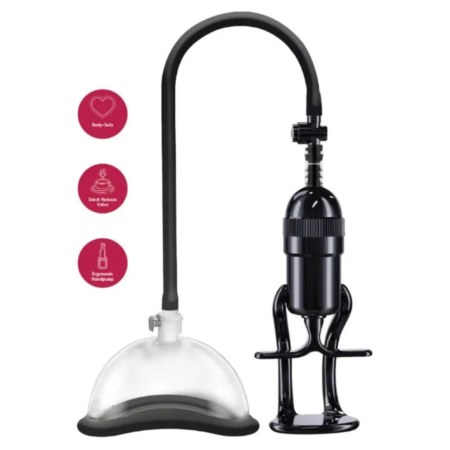 Schwarze und transparente vaginale vakuumpumpe von SHE.E.O mit gebogenem schlauch und pumpmechanismus