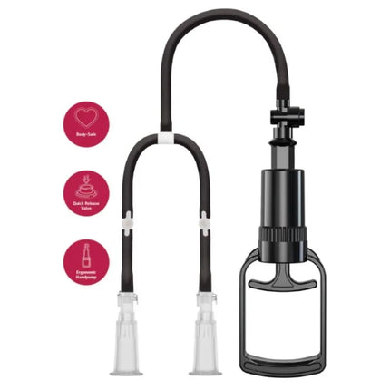 Schwarzes manuelles vakuumsystem mit gebogenem schlauch, ergonomischer handpumpe und transparenten plastikspitzen für nippel m/l
