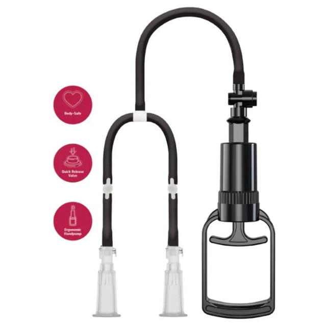 Schwarzes manuelles vakuumsystem mit gebogenem schlauch, ergonomischer handpumpe und transparenten plastikspitzen für nippel m/l