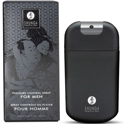 Shunga pleasure control spray für männer 20 ml in schwarzer rechteckiger flasche mit silberakzenten und acmella oleracea