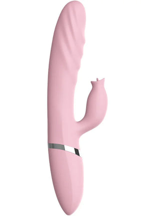 Pink silikon vibrator in hasenform mit silbernem metallband und wärmezunge für sinnliche stimulation fuchsia