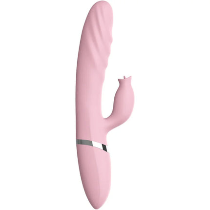 Pink silikon vibrator in hasenform mit silbernem metallband und wärmezunge für sinnliche stimulation fuchsia