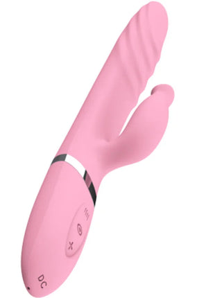 Pink silikonspielzeug mit gebogenem, geripptem design und silbernem akzentband nahe der basis für sinnliche stimulation