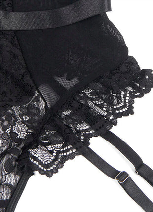Sinnlicher Body mit Spitze & Strumpfbändern - Schwarz - Bodys