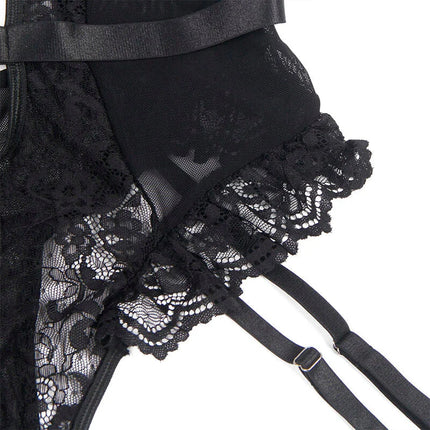 Sinnlicher Body mit Spitze & Strumpfbändern - Schwarz - Bodys