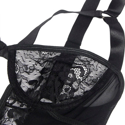 Sinnlicher Body mit Spitze & Strumpfbändern - Schwarz - Bodys