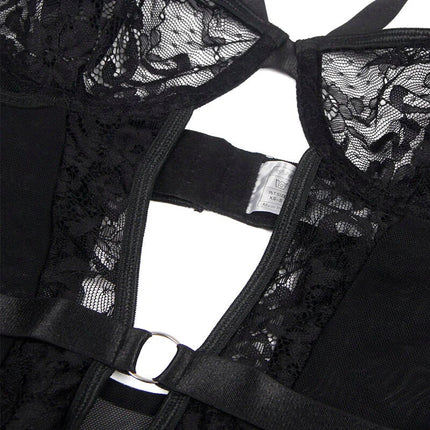 Sinnlicher Body mit Spitze & Strumpfbändern - Schwarz - Bodys