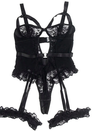 Sinnlicher Body mit Spitze & Strumpfbändern - Schwarz - Bodys