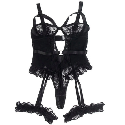 Sinnlicher Body mit Spitze & Strumpfbändern - Schwarz - Bodys