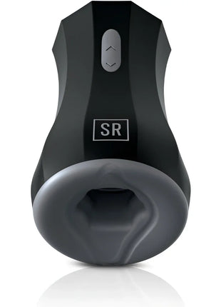 Schwarzer und grauer sr-markierter adult toy twin turbo stroker aus silikon mit ergonomischem design