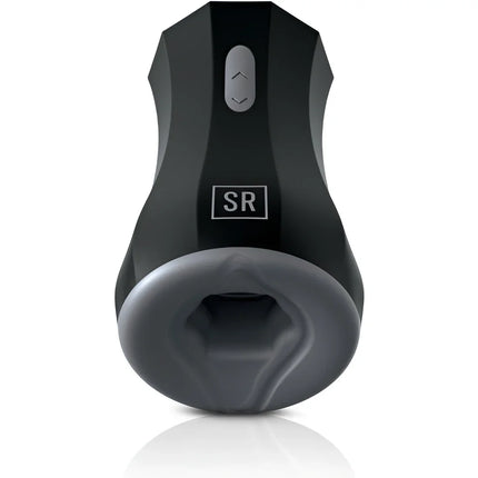 Schwarzer und grauer sr-markierter adult toy twin turbo stroker aus silikon mit ergonomischem design