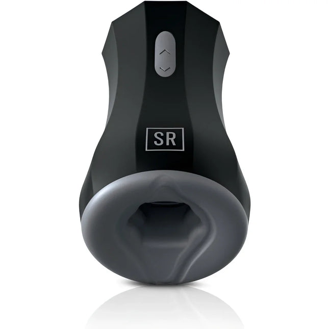 Schwarzer und grauer sr-markierter adult toy twin turbo stroker aus silikon mit ergonomischem design