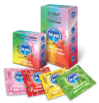 Farbenfrohe fruit-flavored skins kondome im 12er pack mit bananen- und erdbeerdesigns in lebhaften verpackungen