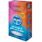 Eine lebendige pink-orange-blaue schachtel mit 12 gemischten skins kondomen und markenlogo sowie produktdetails