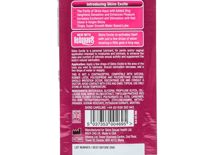 Skins excite gleitmittel auf wasserbasis einzeldosis 5 ml in rosa-weißer verpackung mit rotem herzsymbol