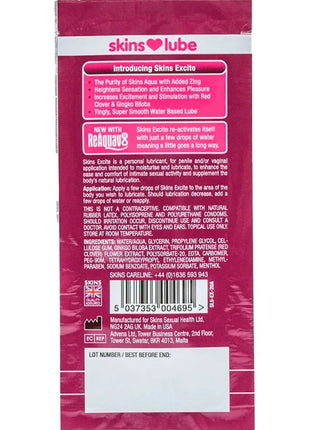 Skins excite gleitmittel auf wasserbasis einzeldosis 5 ml in rosa-weißer verpackung mit rotem herzsymbol