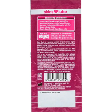 Skins excite gleitmittel auf wasserbasis einzeldosis 5 ml in rosa-weißer verpackung mit rotem herzsymbol