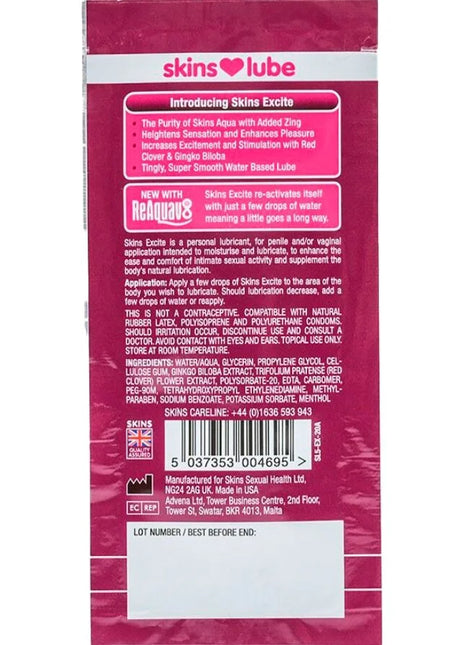 Skins excite gleitmittel auf wasserbasis einzeldosis 5 ml in rosa-weißer verpackung mit rotem herzsymbol