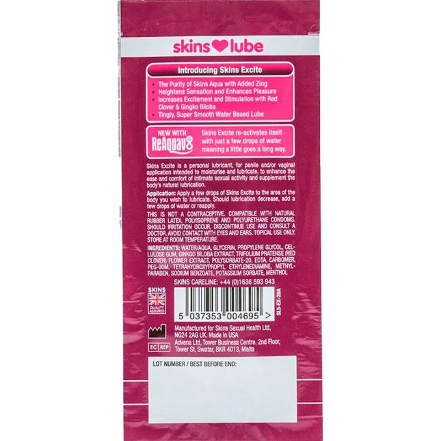 Skins excite gleitmittel auf wasserbasis einzeldosis 5 ml in rosa-weißer verpackung mit rotem herzsymbol