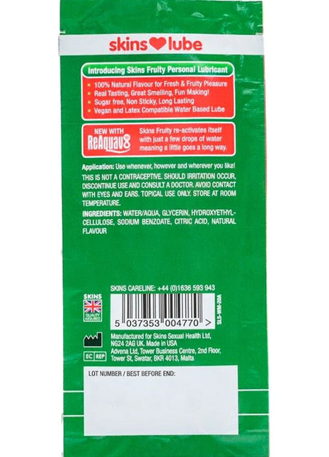 Grüne plastikverpackung für skins fruchtiges wasserbasis-glätter wassermelone einzeldosierung 5 ml rückseite