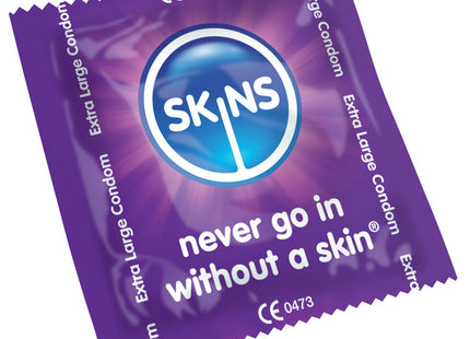 Purple folie verpackung für skins extra groß kondome mit blauem logo und slogan nie ohne skin verwenden 12er pack