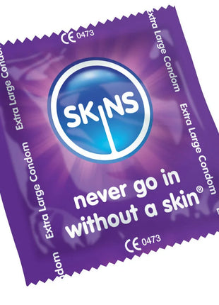 Purple folie verpackung für skins extra groß kondome mit blauem logo und slogan nie ohne skin verwenden 12er pack