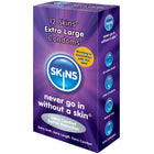 Lila verpackung von skins hautkondomen extra groß 12er pack mit blauem logo und weißem text