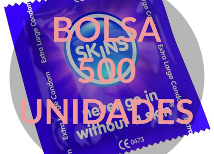 Lila bolsa skins 500 extra große kondome im glänzenden, versiegelten beutel mit leuchtend pinker schrift