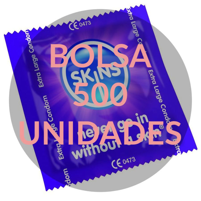 Lila bolsa skins 500 extra große kondome im glänzenden, versiegelten beutel mit leuchtend pinker schrift
