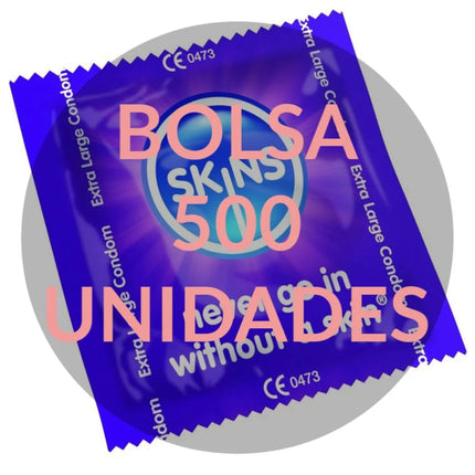 Lila bolsa skins 500 extra große kondome im glänzenden, versiegelten beutel mit leuchtend pinker schrift