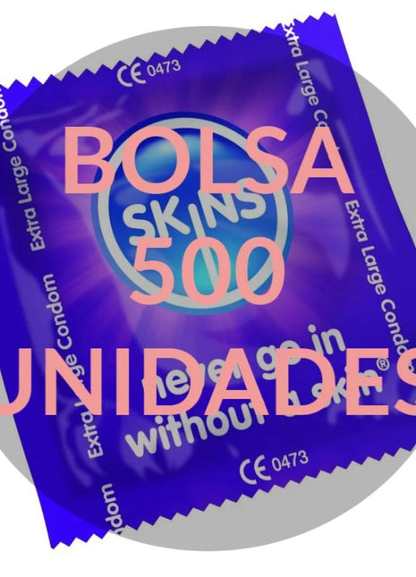 Lila bolsa skins 500 extra große kondome im glänzenden, versiegelten beutel mit leuchtend pinker schrift