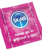 Pink folie verpackung von skins kondome punkte und streifen mit blauem logo und weißem text
