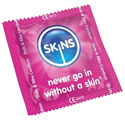 Pink folie verpackung von skins kondome punkte und streifen mit blauem logo und weißem text