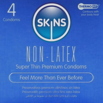 Blaues paket skins latexfreie non-latex superdünne premium kondome 4er-packung mit hautfreundlichem material