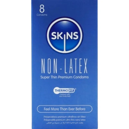 Blaues rechteckiges skins latexfreie kondoms paket mit 8 superdünnen non-latex premium kondomen