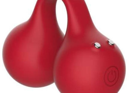 Roter silikon dual-globus vibrator mit silbernen power-tasten und rundem powersymbol aus der snail vibe twinn cherry finger vibrator serie