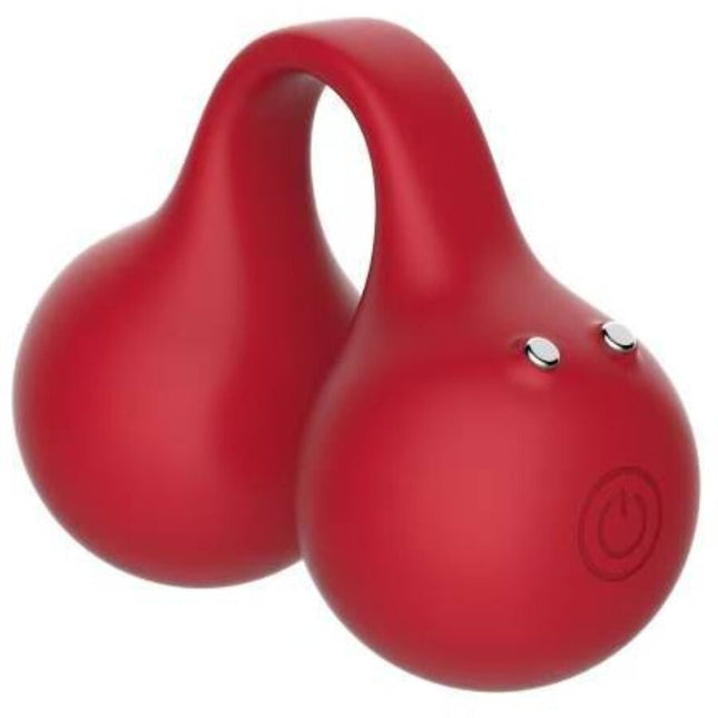 Roter silikon dual-globus vibrator mit silbernen power-tasten und rundem powersymbol aus der snail vibe twinn cherry finger vibrator serie