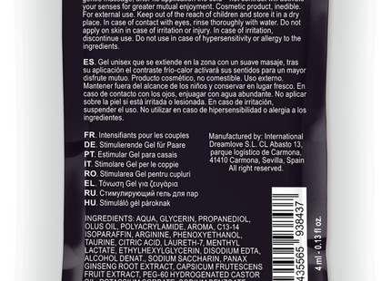 Schwarze tasche mit 4 ml spartans kalt-heiss effekt gel für paare rückseite mit mehrsprachiger anleitung und zutatenliste