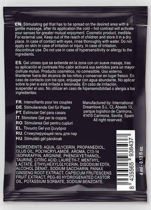 Schwarze tasche mit 4 ml spartans kalt-heiss effekt gel für paare rückseite mit mehrsprachiger anleitung und zutatenliste