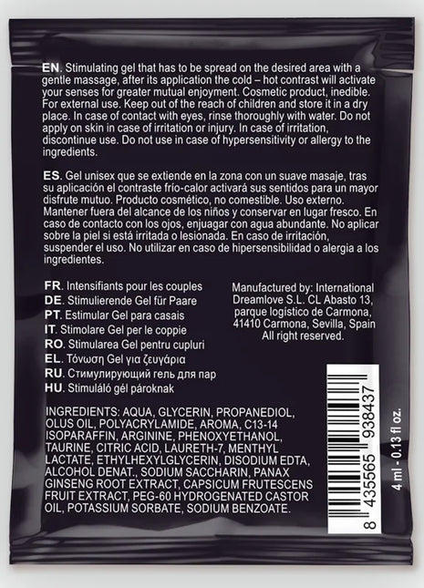 Schwarze tasche mit 4 ml spartans kalt-heiss effekt gel für paare rückseite mit mehrsprachiger anleitung und zutatenliste